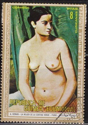 z vendido Guinea Ecuatorial 1973 Michel 270 Sello Pintura A Derain La Mujer de la Cortina Verde Mujeres Desnudas Matasello de favor Preobliterado 
